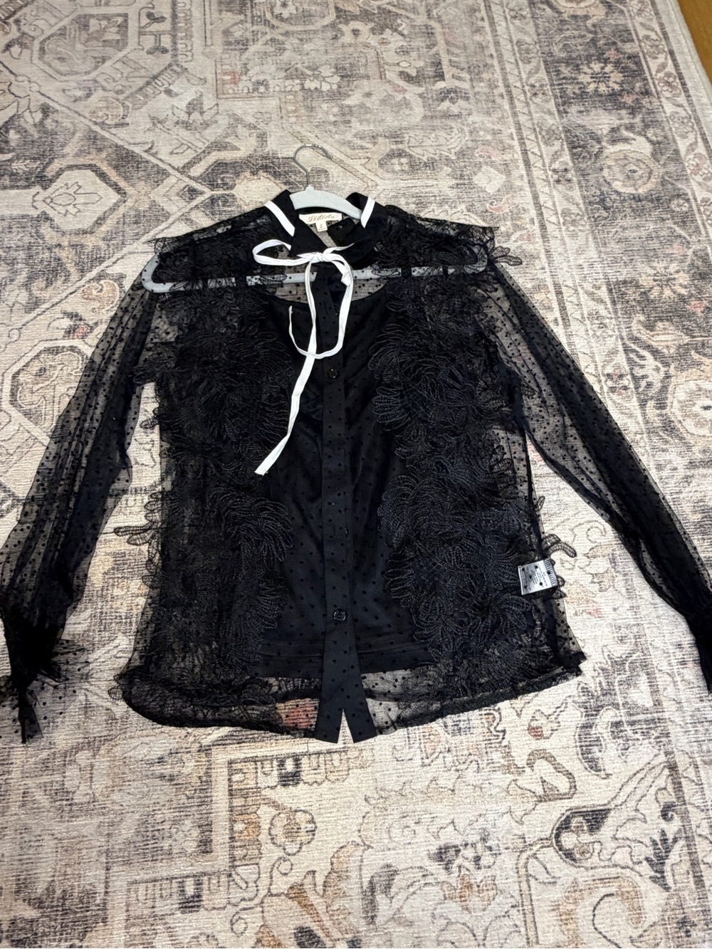 Sheer Black Lace Tie-Neck Blouse